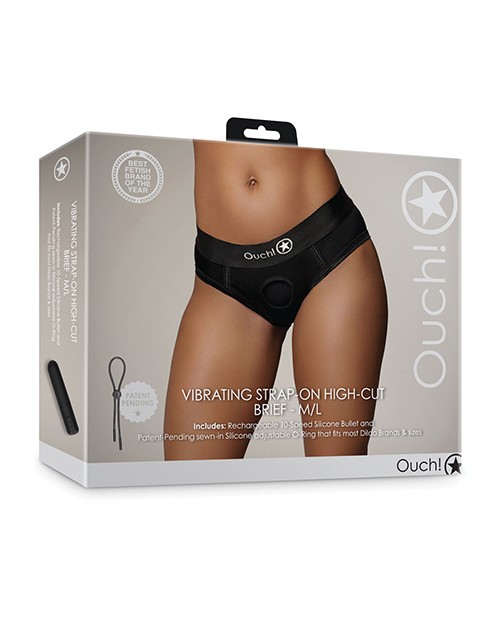 Shots Ouch Vibrating Strap-On High-Cut Brief, Black M/L