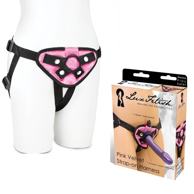 Pink Velvet Knit Strap-on Harness with Bullet Pocket Pegging Sex Toy for Women