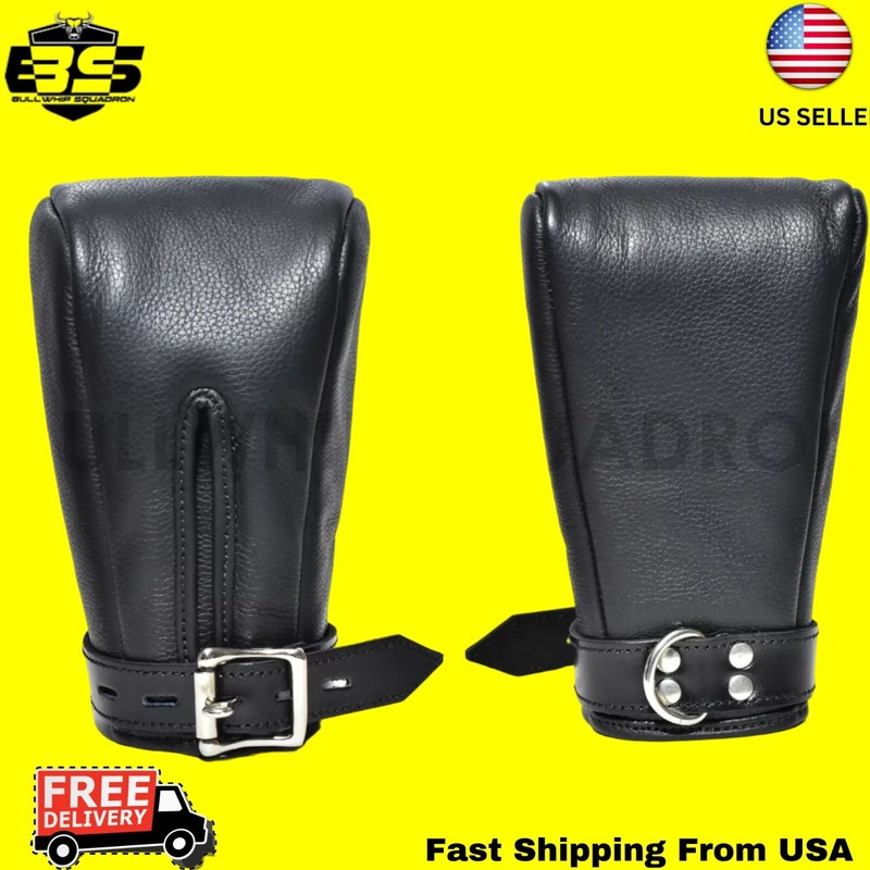 Padded Black Real Leather Fist Mitts Gloves 2 Pieces Restraints Bondage Lockable