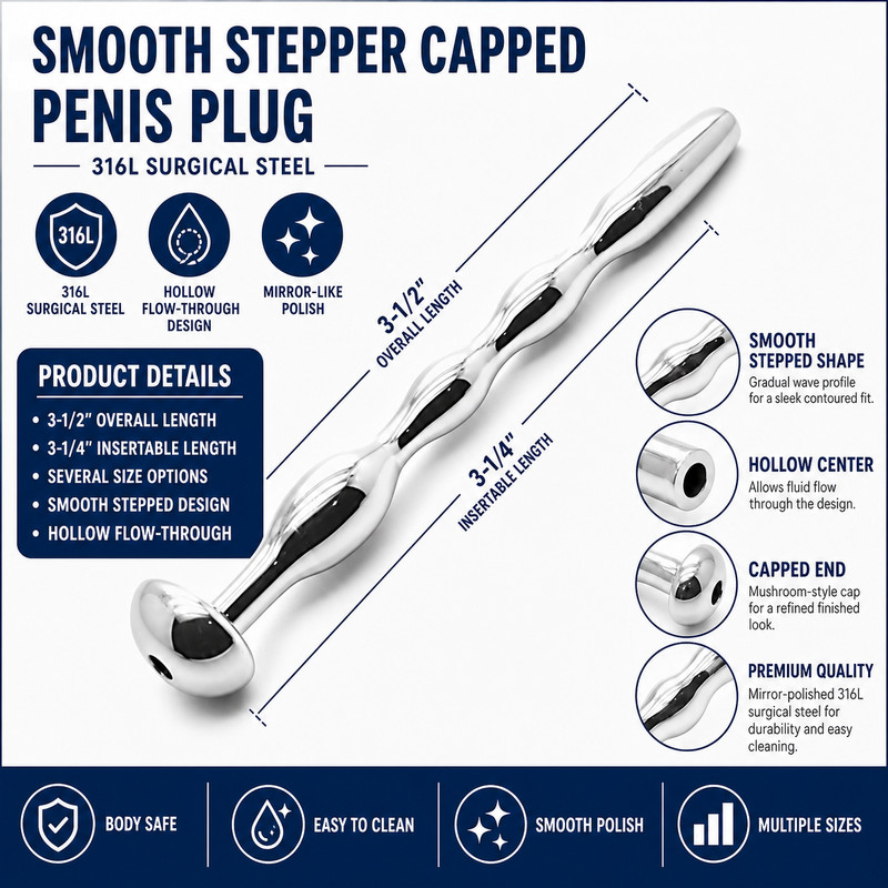 Smooth Stepper Capped Penis Plug 316L Surgical Steel Hollow Urethra Plug for Men gallery