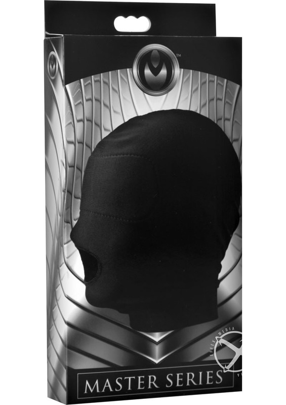 Master Series Disguise Open Mouth Hood with Padded Blindfold – Black