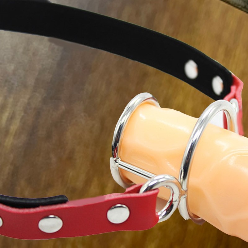 PU Leather Open Mouth Gag Dual Ring Bondage Penis Insert Deep Throat Sex Toy SM