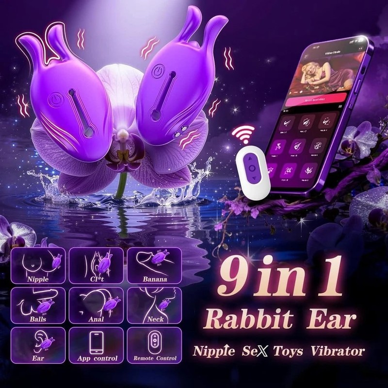 Rabbit Ear Nipple Vibrator with App & Remote Control – Purple 9-in-1 gallery