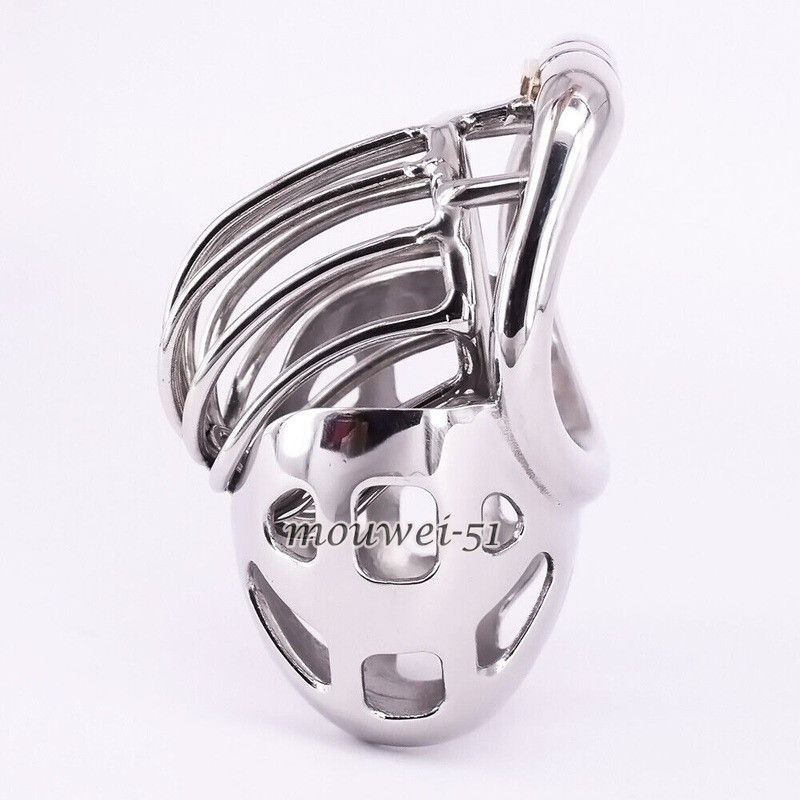 Male Cock Cage with Scrotum Testicle Pouch Stainless Steel Arc Penis Ring Metal