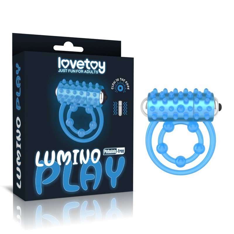 Lumino Play Vibrating Double Penis Ring Blue Glow in the Dark Sex Toy for Men