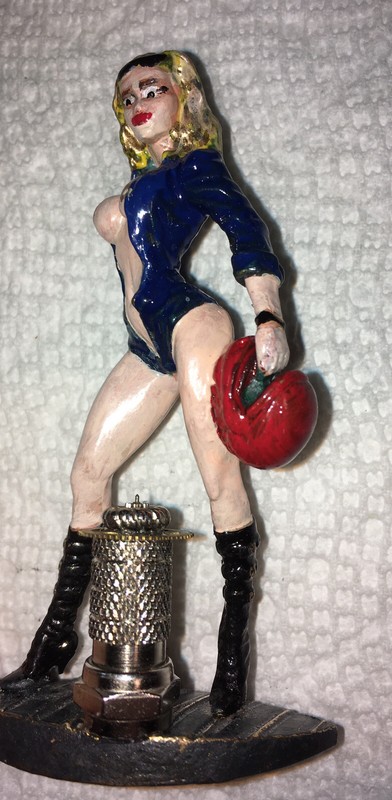 Brass Racing Girl Figure. Hand Painted. 3.5” with Helmet And Silver Trophy.