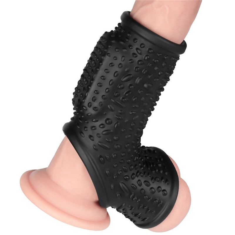 Open Head Drip Nubbed Vibrating Penis Sleeve & Ball Stretcher 45% Girth Reusable gallery