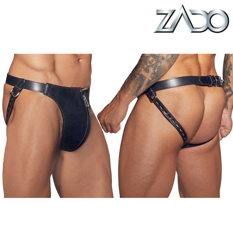 ZADO Leather Bondage Thong Men Chastity Fetish Jock String Lock Chastity Men