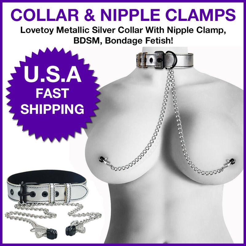 Lovetoy Metallic Silver Collar With Nipple Clamp, BDSM, Bondage Fetish