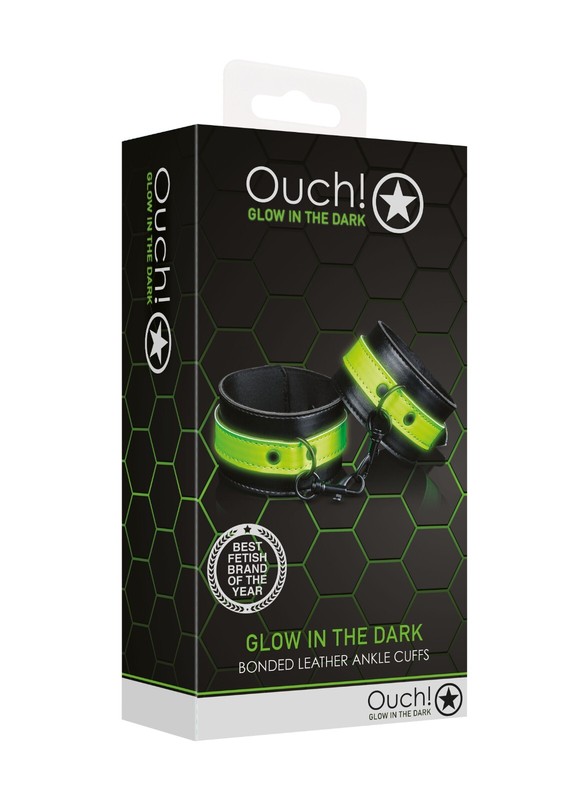 Ouch! Glow in the Dark - Leather Ankle Cuffs Black and Neon Green Bondage & BDSM gallery