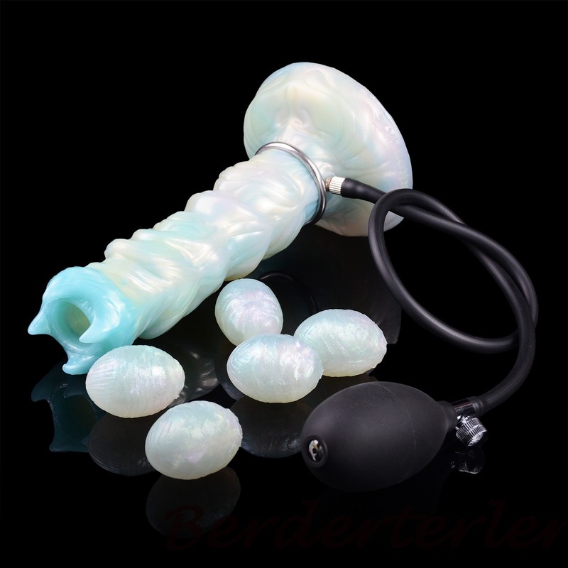 Hand-pushed & Pneumatic 2-in-1 Ovipositor Silicone Penis Laying Egg Hollow Dildo gallery
