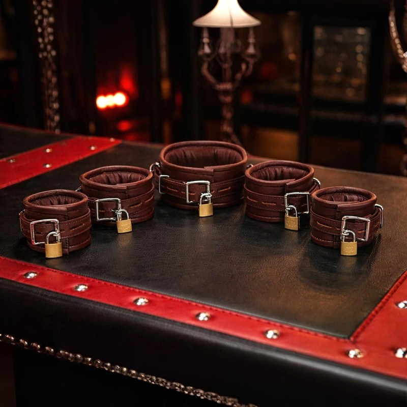 Thick Real Leather Wrist Ankle Cuffs & Collar Restraint Set Brown 5 Pieces