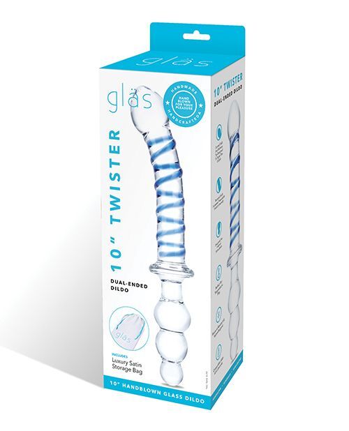 Glas Twister 10 in. Smooth Clear Dual-Ended Temp Play Glass Dildo with anal plug