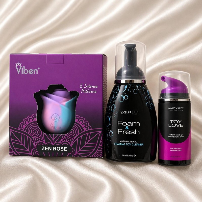 Viben Zen Rose Clitoral Stimulator Kit Rechargeable Silicone Lube Cleaner Set