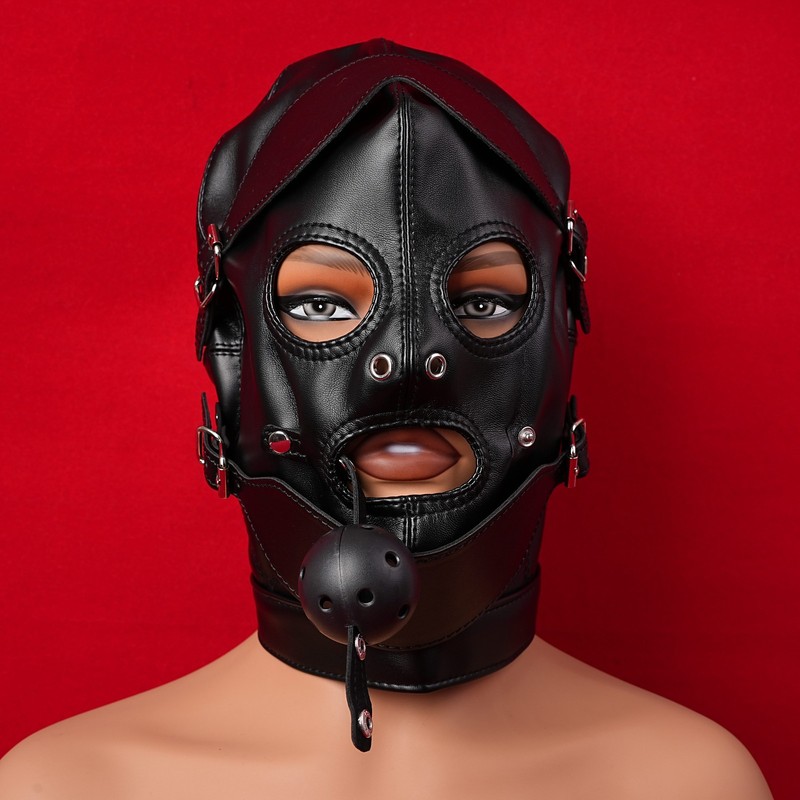 BDSM Headgear Head Hood PU Leather Mouth Gag Restraints Roleplay Cosplay Harness gallery