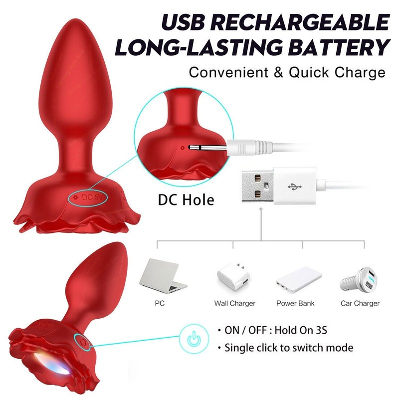 Anal Butt Plug Rose Vibrator Prostate Massager Sex Toys Women Men With LED Light gallery