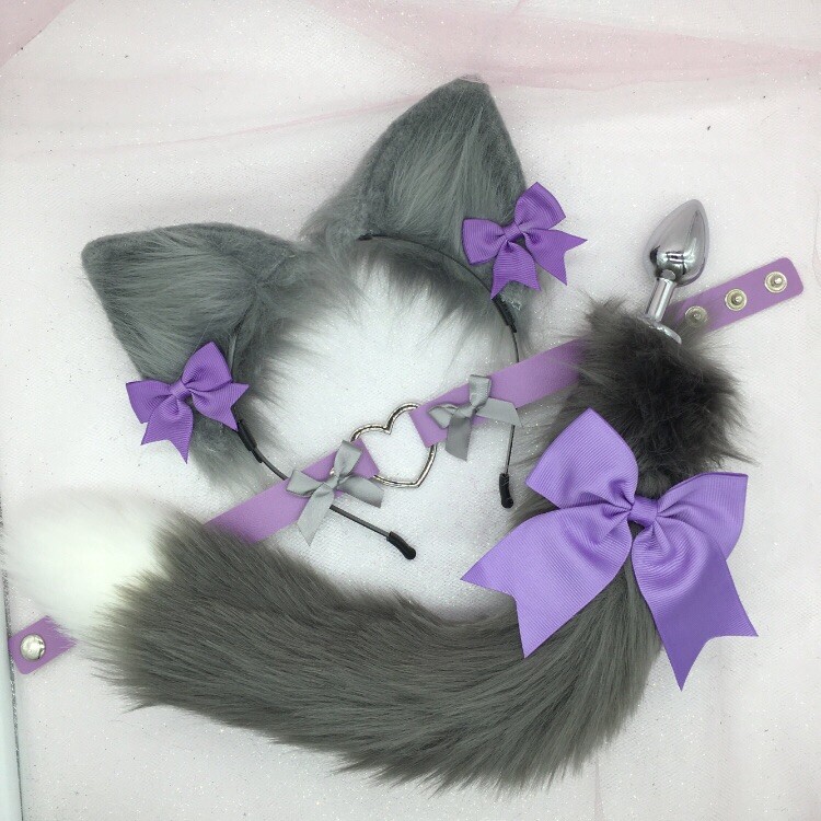 Customized Gray Kitten Cat Set BDSM Pet Play Tail Ears Collar Plug