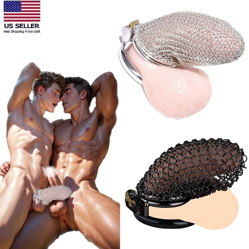 Male Stainless Steel Fishnet Chastity Device Men Mesh Cage Device Black Lock SM