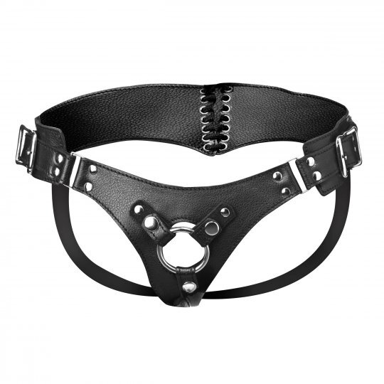Leather Corset Back Strap On Dildo Harness with Adjustable Rear Support Durable