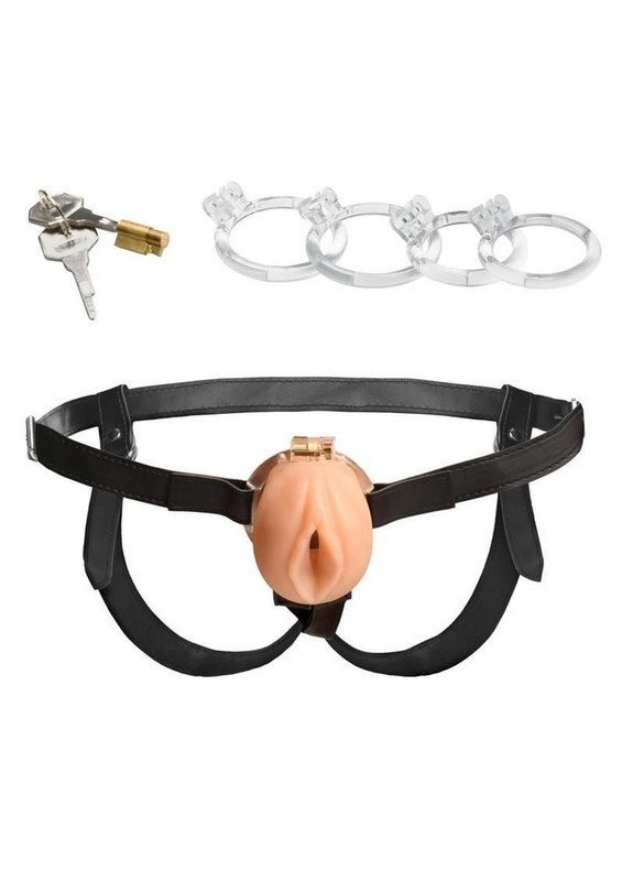 Master Series Pussy Chastity Cage – Soft TPE Cage w/ Harness, Lock & 4 Rings gallery