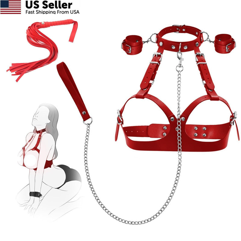 Adjustable Leather Breast Harness & Restraint Set Couples BDSM Roleplay Red USA