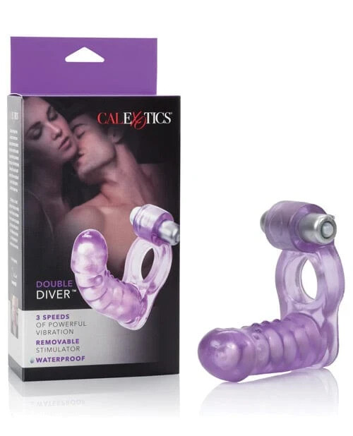 Cal Exotics Double Diver Vibrating Cock Ring Purple – DP Anal Butt Plug Sex Toy