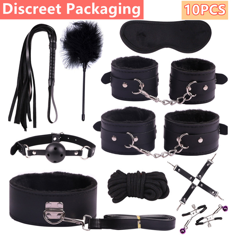 10PCS BDSM Sex Toys Set Bondage Handcuffs Nipple Clamps SM Kit Restraints Couple