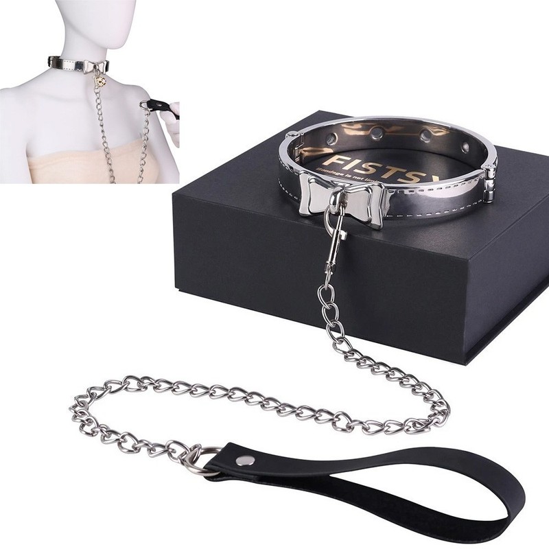 Bondage Stainless Steel Slave Neck Collar w/ Leash Chain BDSM Restraint Shackle