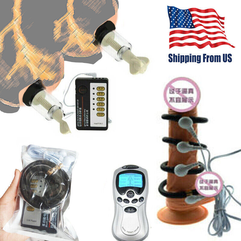E-Stim Male Shock Penis Ring Set Nipple Sucker Pump Therapy Device Bondage