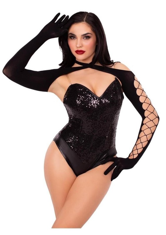Leg Avenue Net and Opaque Cross-Over Halter Gloved Shrug – Black – O/S