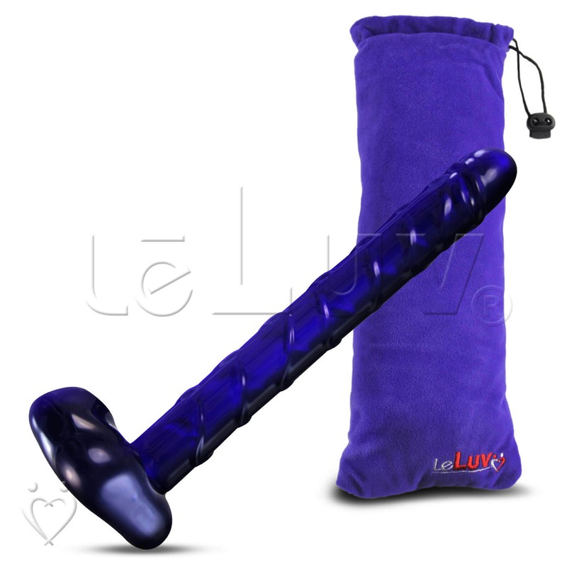LeLuv Dildo 8 Inch Glass Cobalt Blue Realistic Veiny Penis-shaped with Pouch