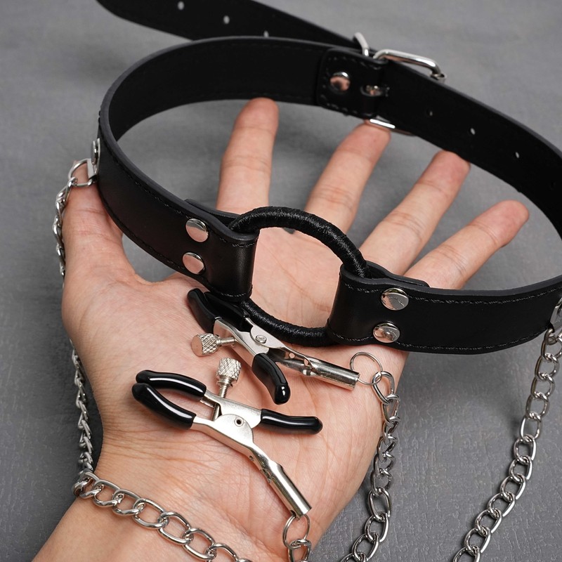 Fetish Open Mouth O-Ring Gag with Nipple Clamps Chain Clip Bondage BDSM Sex Toys gallery