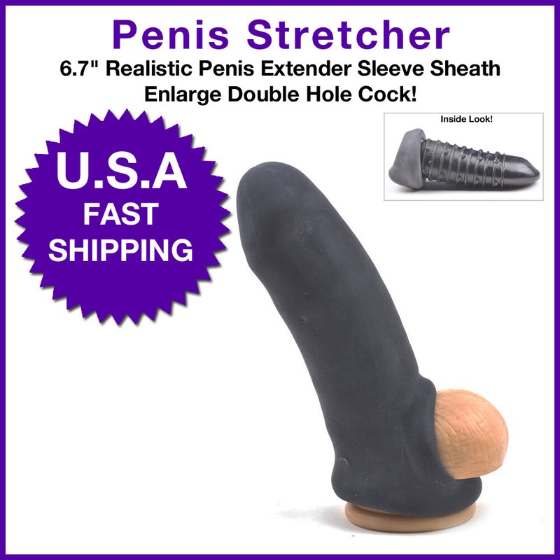 6.7&Prime; Realistic-Penis-Extender-Sleeve-Sheath-Enlarge-Double-Hole-Cock BLACK