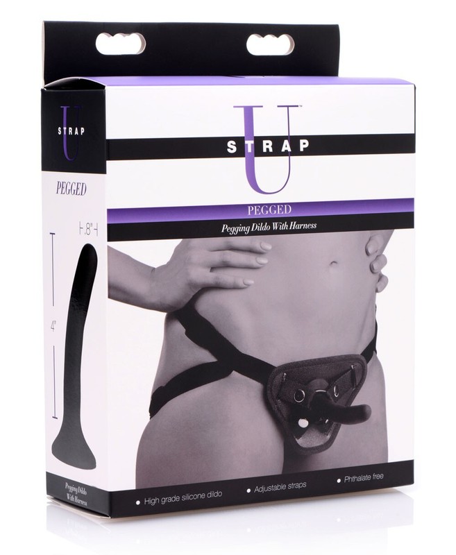 Strap U Pegged Pegging Dildo with Harness Black – Silicone Strap-On Dong