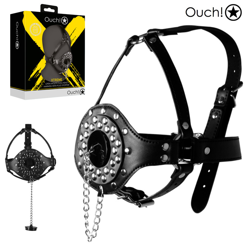 Ouch! Gag Head Harness Mask Black Leather with Mouth Hole with Cap