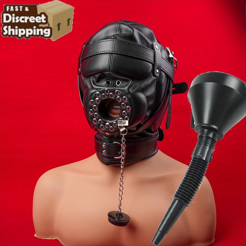 Bondage Headgear Funnel Set PU Leather Restraints for Adults Pee Roleplay Toys