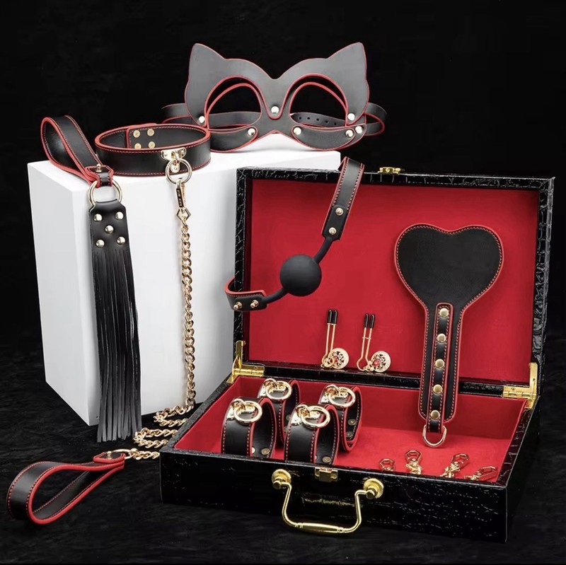 BDSM Kits Genuine Leather Bondage Set Fetish Handcuffs Collar Gag Whip Sex Toys gallery