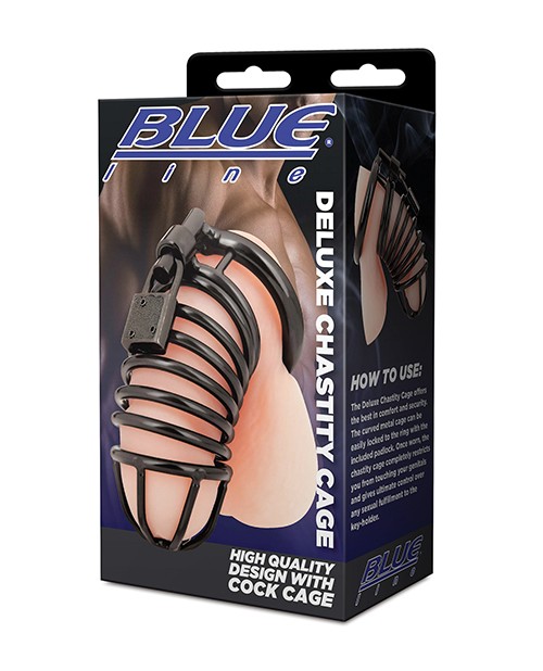 Electric Blue Line Deluxe Chastity Cage, 45mm Stainless Steel – Black