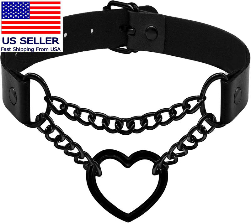 Leather Choker Necklace for Women Black Heart Chain Choker Punk Goth Sexy Choker