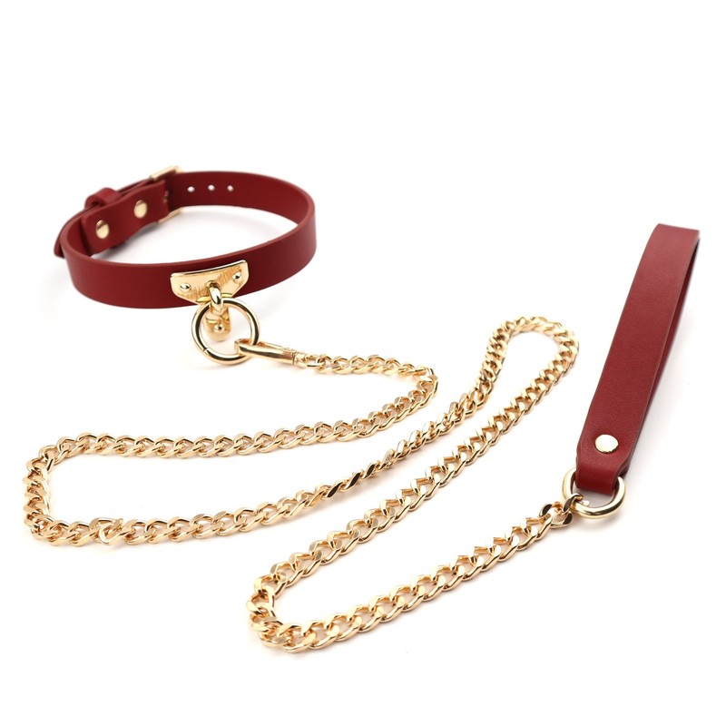 Cowhide Leather Choker Collar Adjustable O-ring Necklace with Lesh Chain Women