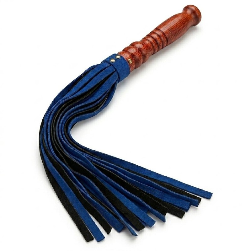 Real Leather Suede Flogger Blue & Black Straps with Wood Handle Cosplay Costume