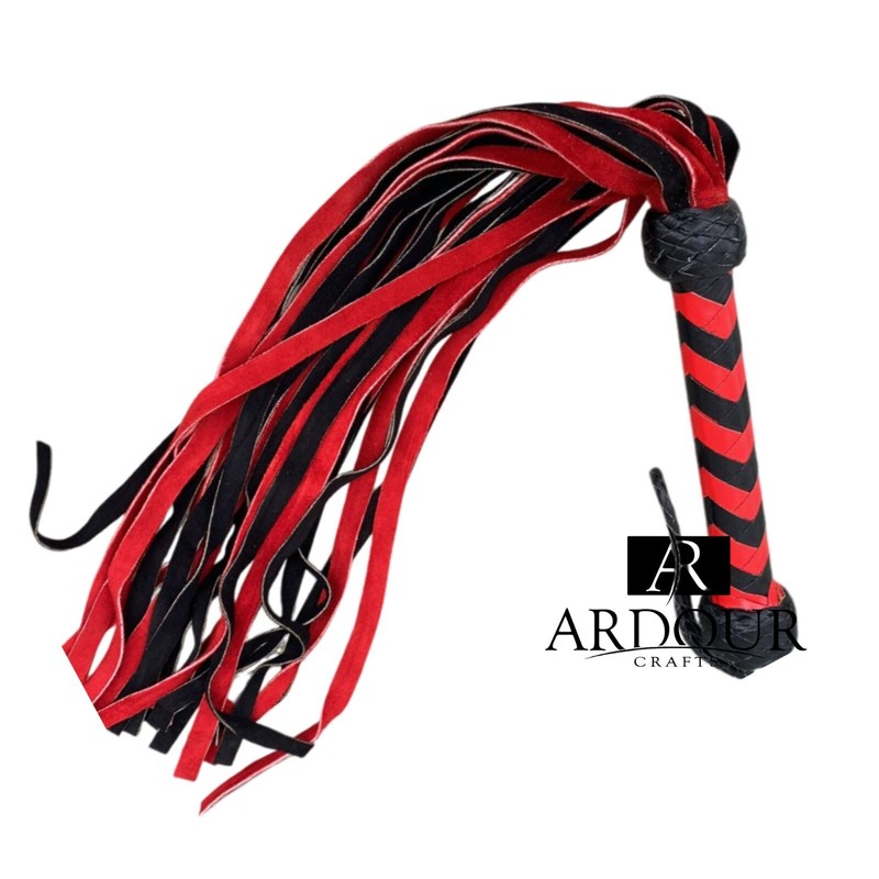 BDSM Real Leather Flogger Red and Black Mild Leather, 25 Falls, 9&Prime; Handle, Handc