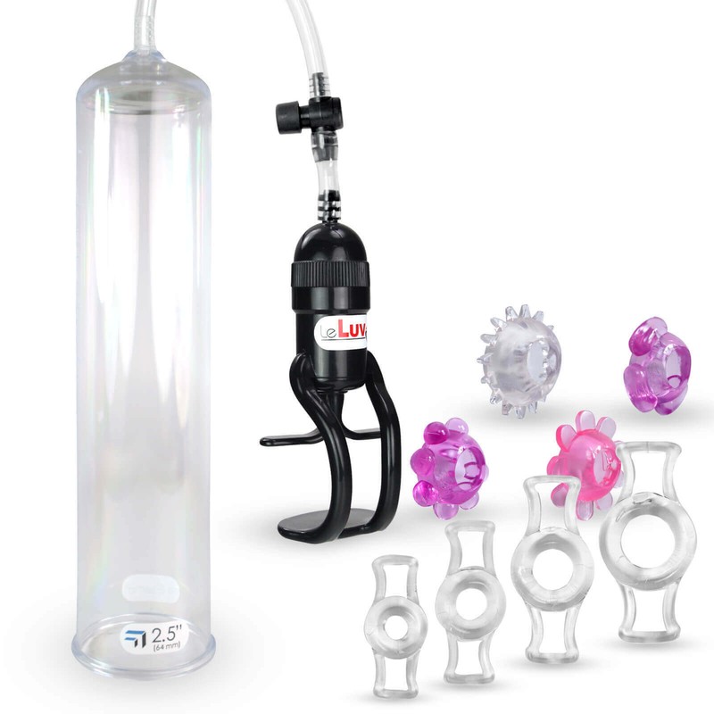LeLuv Penis Pump 12 Inch Large EasyOp Zgrip 4 Constrict Rings & Clitoral Rings