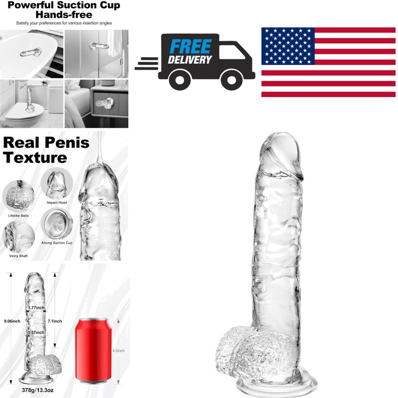 9 Inch Clear Dildo with Strong Suction Cup Waterproof TPE Material for Beginners