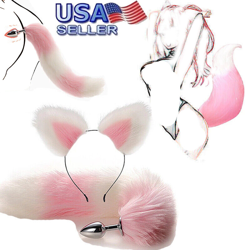 Fox Butt Tail Anal Plug Cute Cat Ears Headband Cosplay Insert Stopper Sex Toy SM