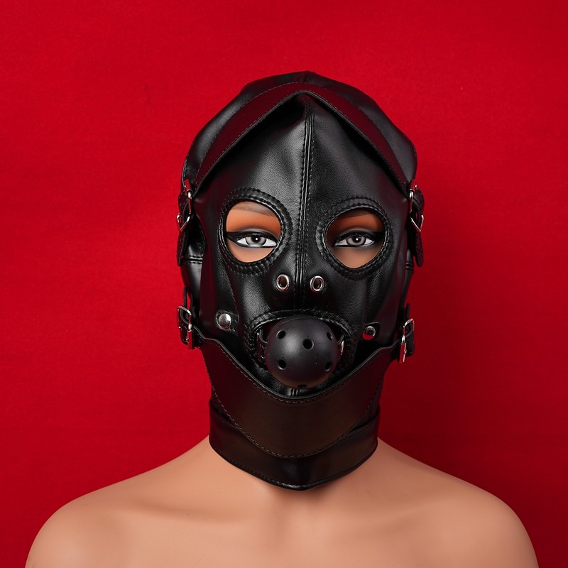 BDSM Headgear Head Hood PU Leather Mouth Gag Restraints Roleplay Cosplay Harness gallery