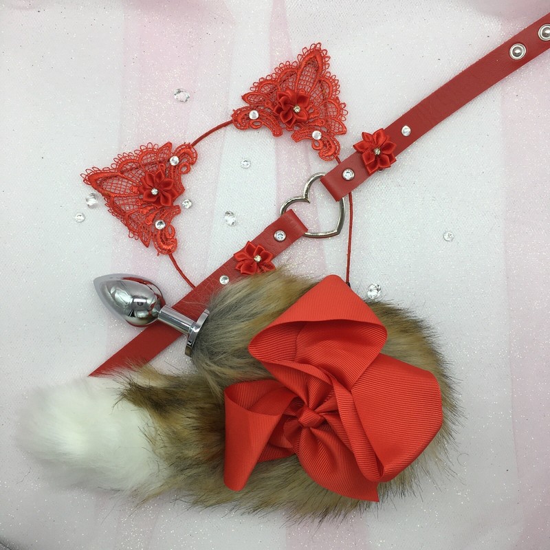 Customized Red Kitten Cat Set BDSM DDLG PetPlay Tail Ears Collar Butt Plug
