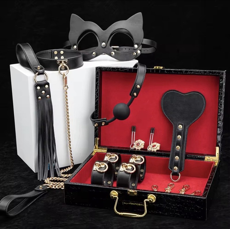 BDSM Kits Genuine Leather Bondage Set Fetish Handcuffs Collar Gag Whip Sex Toys gallery