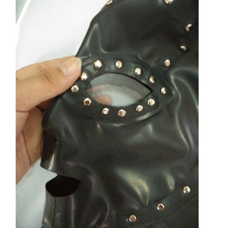 Latex Hood with Transparent Eye Lens and Rivet Decoration Rubber Mask Club Wear gallery