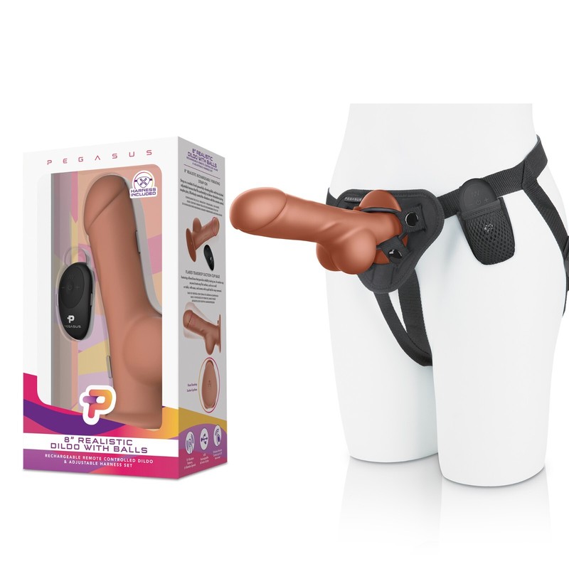 Pegasus 8” Remote Control Realistic Silicone dildo with balls and Harness